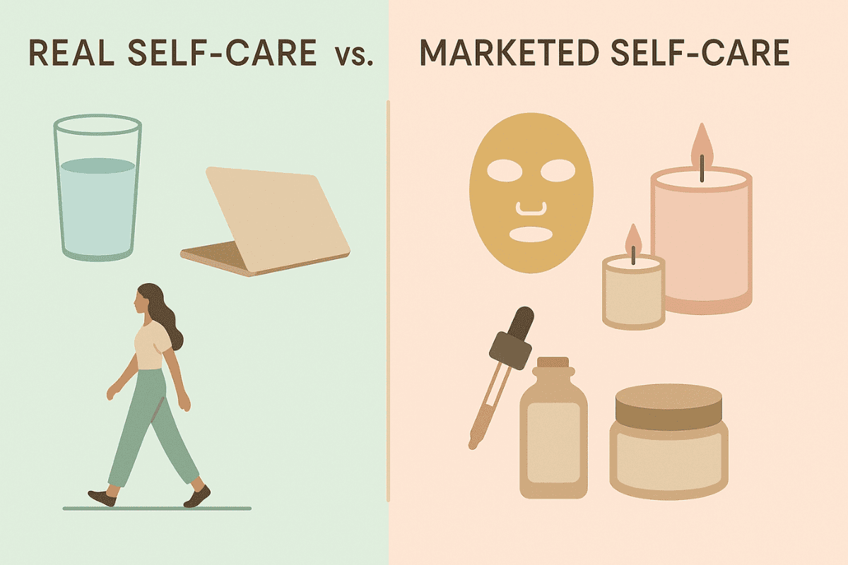 Minimalistische Infografik im Pastellstil mit Gegenüberstellung von echter Selfcare (Wasser trinken, spazieren gehen) und vermarkteter Selfcare (Luxusspa, teure Produkte).