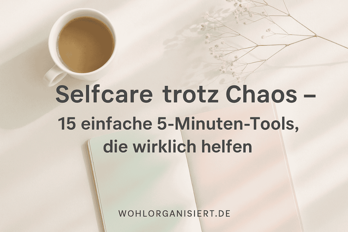 Headerbild mit Kaffee, offenem Notizbuch und zarten Blumen – Text: Selfcare trotz Chaos – 15 einfache 5-Minuten-Tools, die wirklich helfen