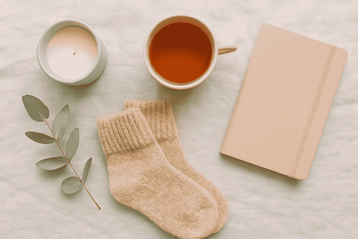 Flatlay mit Selfcare-Elementen wie Kerze, Teetasse, Kuschelsocken, Notizbuch und Eukalyptus auf hellem Leinenhintergrund