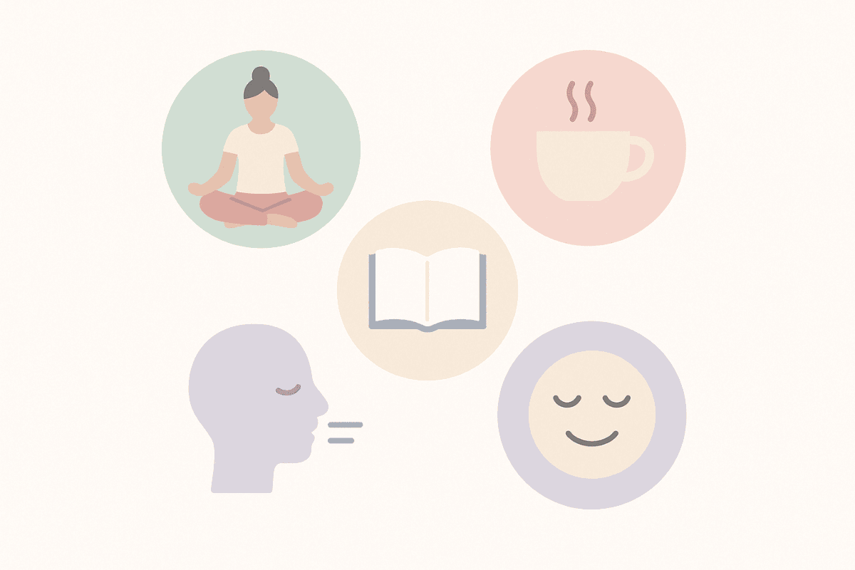 Minimalistische Infografik mit fünf Selfcare-Symbolen – Yoga, Tee, Buch, Lächeln, Atemübung – in Pastellfarben im Kreis angeordnet