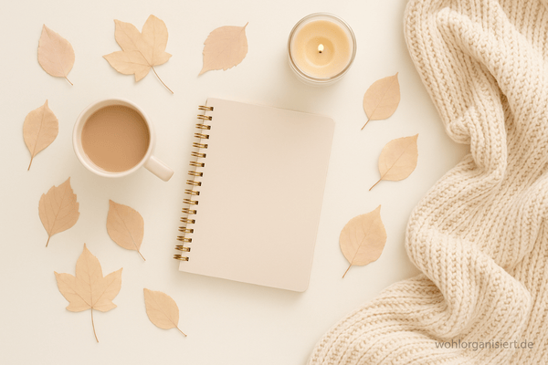 Pastellfarbenes Flatlay für Selfcare im Herbst: Teetasse, Kerze, Notizbuch und Decke mit zarten Herbstblättern. Stimmungsvoll, hell und modern im Stil