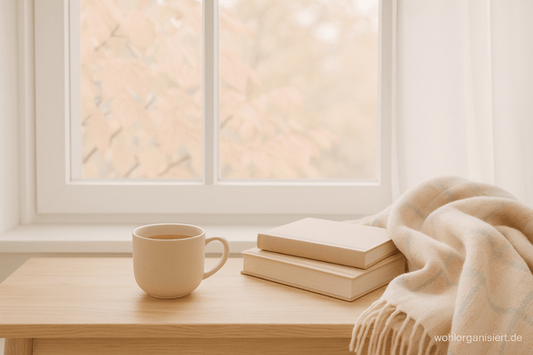 Gemütliche Herbstszene in Pastellfarben: Blick durchs Fenster auf helle Herbstblätter, drinnen Tee, Bücher und eine Decke auf einem Holztisch. Helle, ruhige Atmosphäre