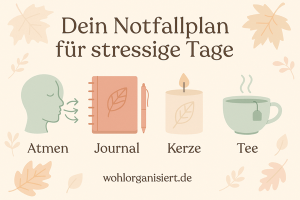 Infografik im Pastell-Herbststil mit Icons für Stressabbau: Atmen, Journal, Kerze, Teetasse. Überschrift Dein Notfallplan für stressige Tage