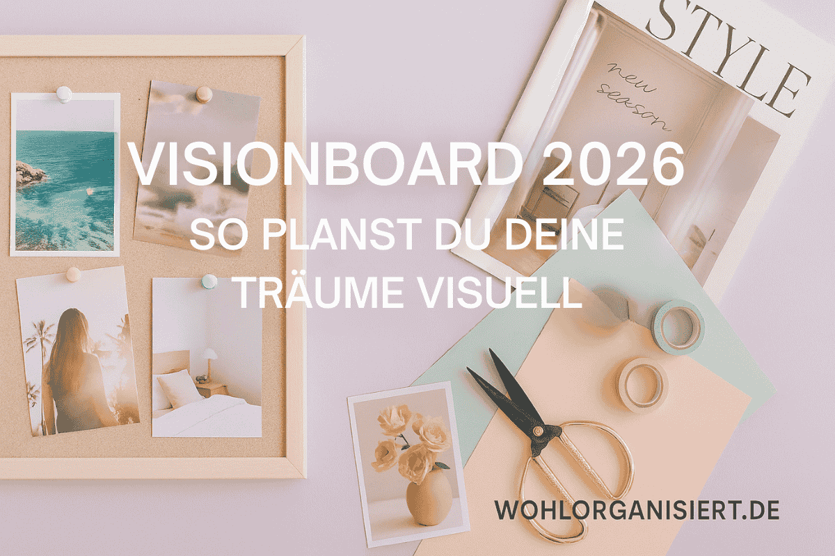 Visionboard 2026 – So planst du deine Träume visuell, kreativer Arbeitsplatz mit Materialien und modernem Titel-Overlay