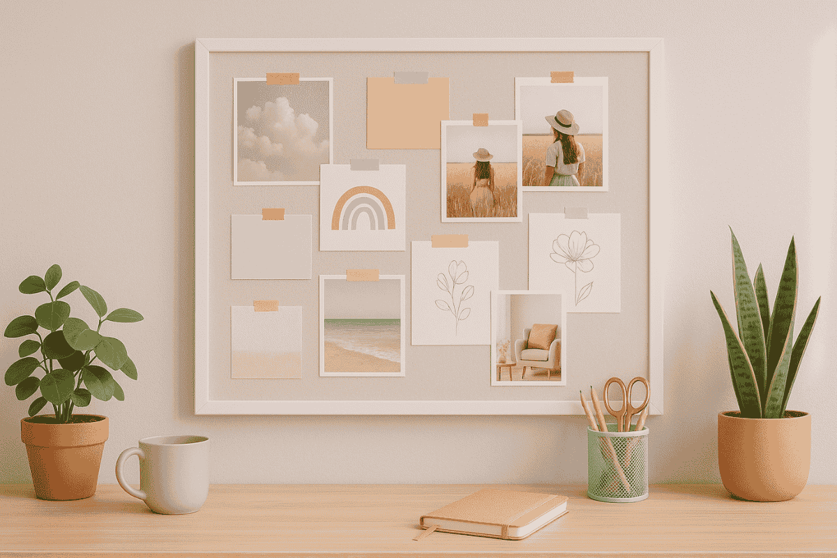 Visionboard an der Wand mit Fotos, Zitaten und Washi-Tape, moderner Schreibtisch und Pflanzen in Pastellfarben
