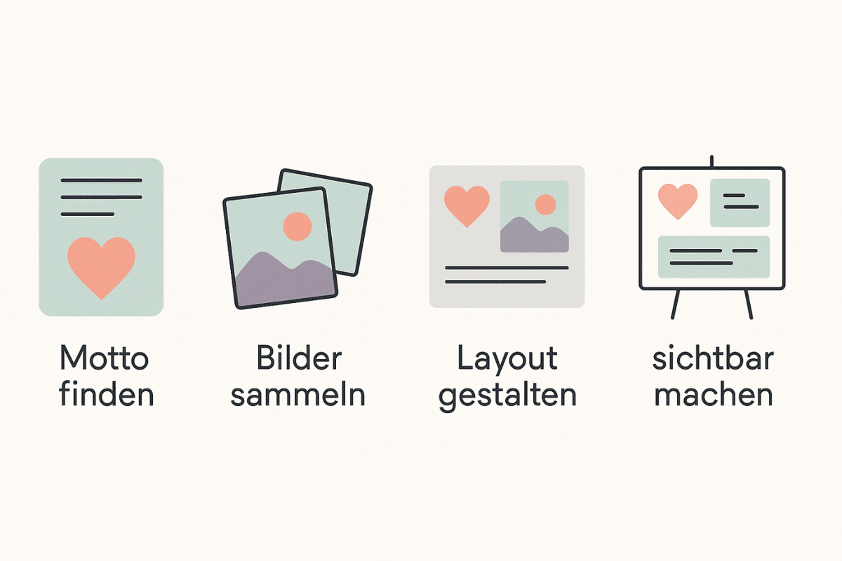 Infografik Visionboard erstellen 2026 – vier Schritte: Motto finden, Bilder sammeln, Layout gestalten, sichtbar machen
