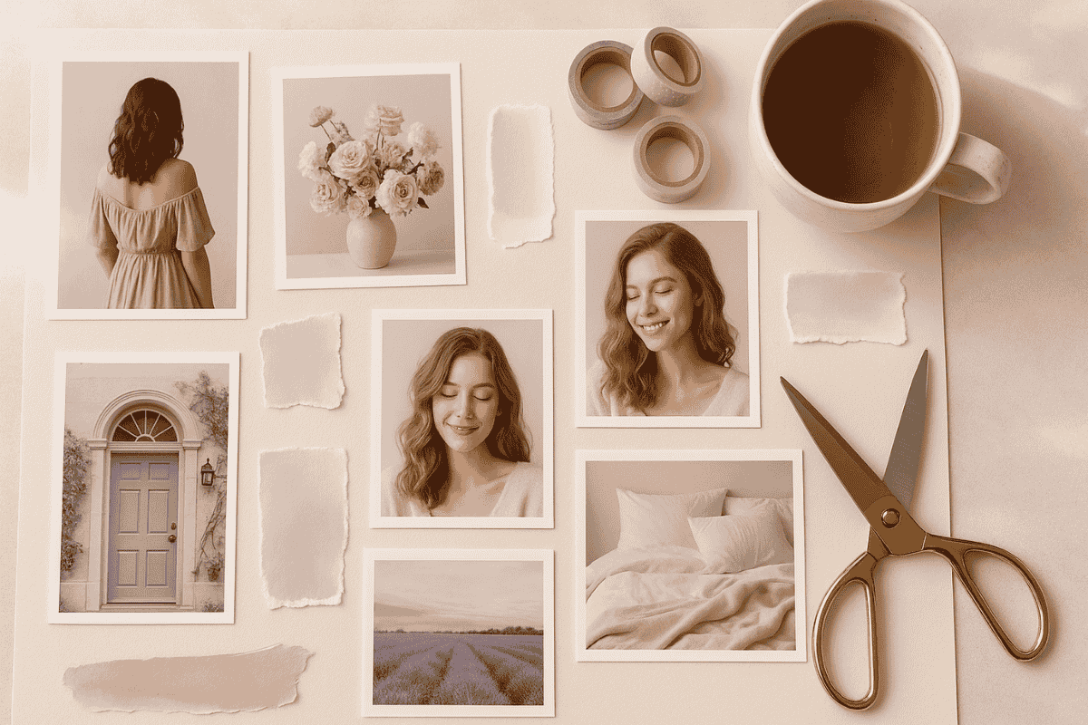 Flatlay mit Moodboard-Materialien wie Fotos, Zitaten, Washi-Tape und Schere in Pastellfarben, kreative Arbeitsfläche