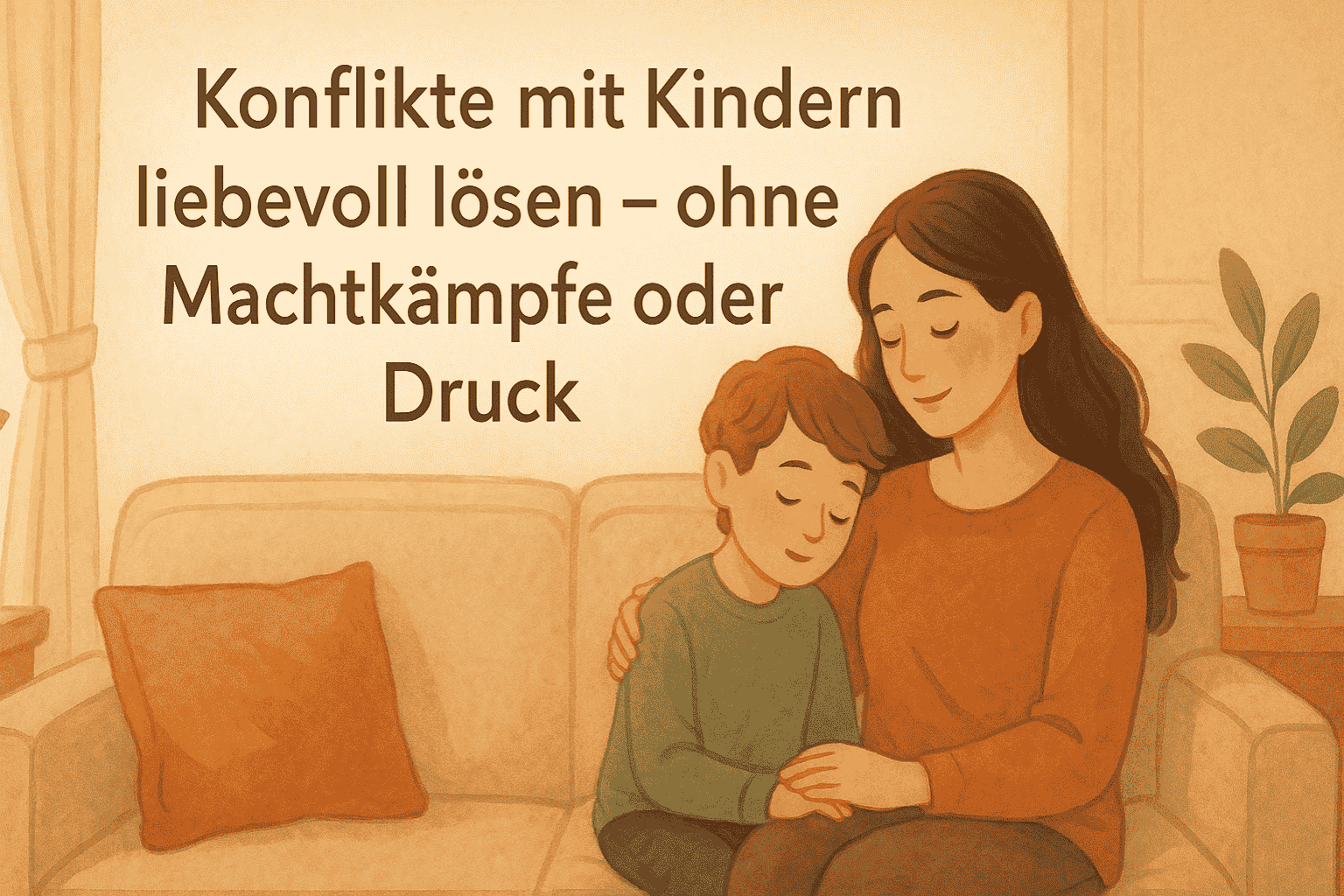 A warm, wide digital illustration of a young mother and child sitting calmly together on a couch, in a cozy home with natural lighting. The mood is gentle, emotionally connected, and supportive. Use a clearly legible title in German, centered or placed in the upper third, with soft modern typography:<br />
„Konflikte mit Kindern liebevoll lösen – ohne Machtkämpfe oder Druck“.<br />
Ensure the text is readable, well-balanced and does not overlap the subject.<br />
Format: 1200 × 600 px, blog header style.</p>
<p>