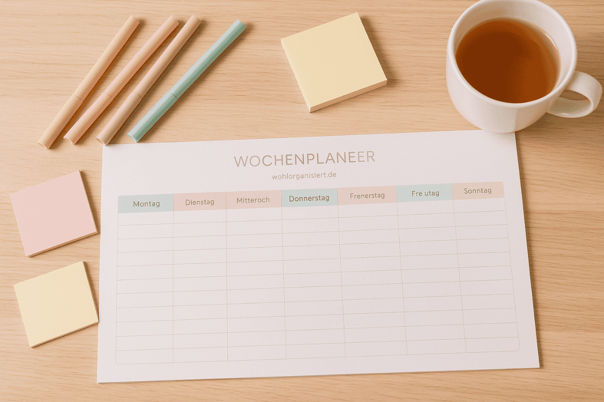 Wochenplan2 Wochenplan-Notizblock auf einem Schreibtisch mit bunten Markern, Sticky Notes und einer Tasse Tee in hellem, gemütlichem Licht.