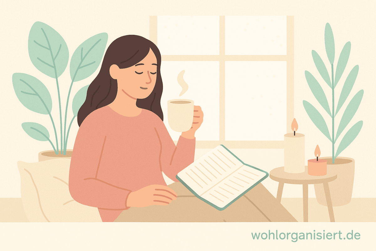 Wochenplan3 Illustration einer Frau mit Journal und Teetasse in einer gemütlichen Ecke mit Pflanzen und Kerzen, sanfte Pastellfarben.