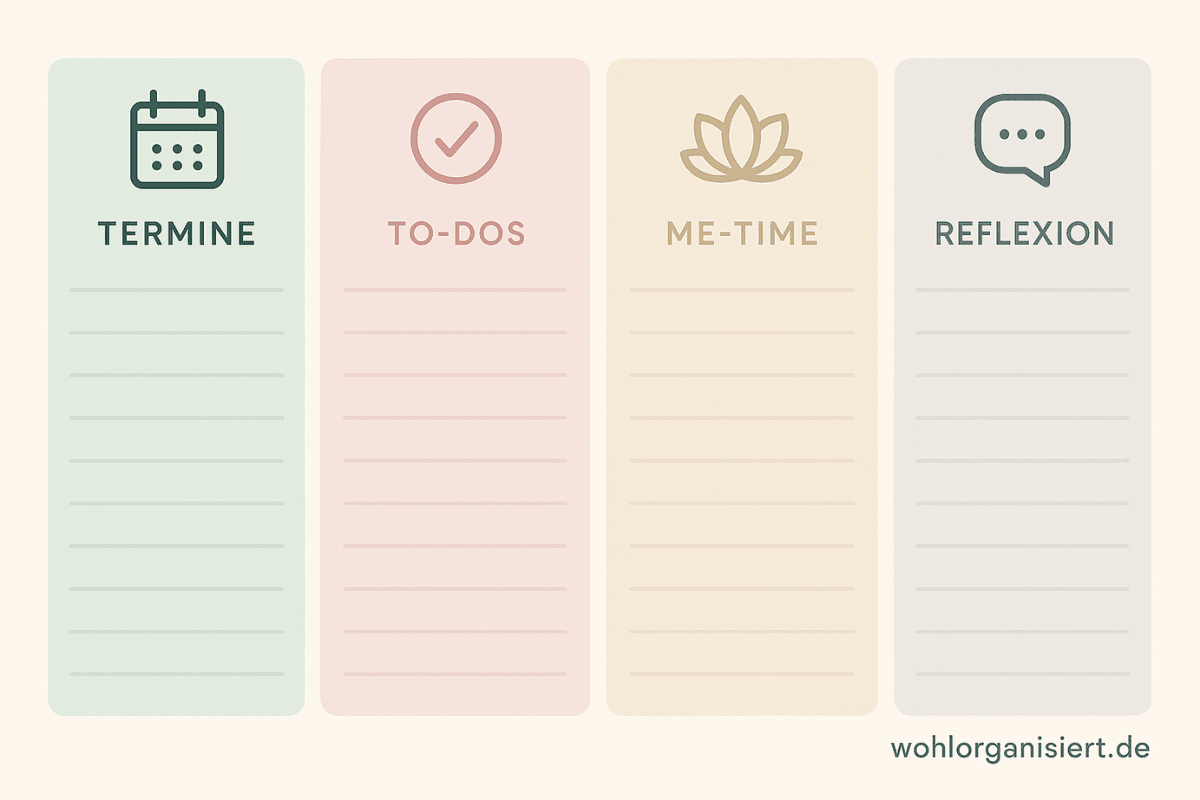 Wochenplan4 Infografik eines Wochenplans im Querformat mit Bereichen für Termine, To-Dos, Me-Time und Reflexion, gestaltet in Pastellfarben.