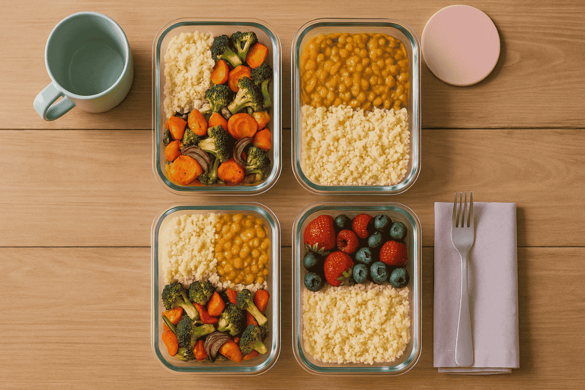masterplan 3 Holztisch im Flatlay-Stil mit ordentlich angeordneten Meal-Prep-Glasboxen, gefüllt mit Couscous, Ofengemüse, Linsen-Curry und frischen Beeren. Pastellige, freundliche Atmosphäre.