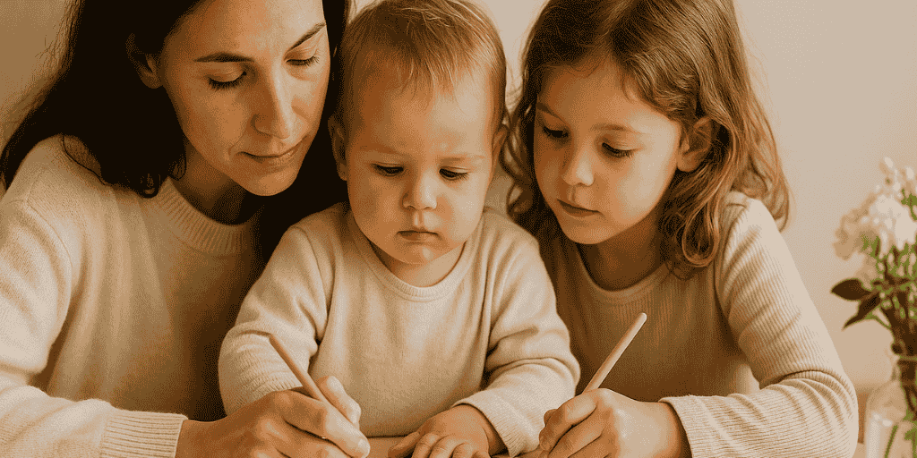 → Mama mit zwei Kindern beim Malen – achtsamer Moment im Alltag