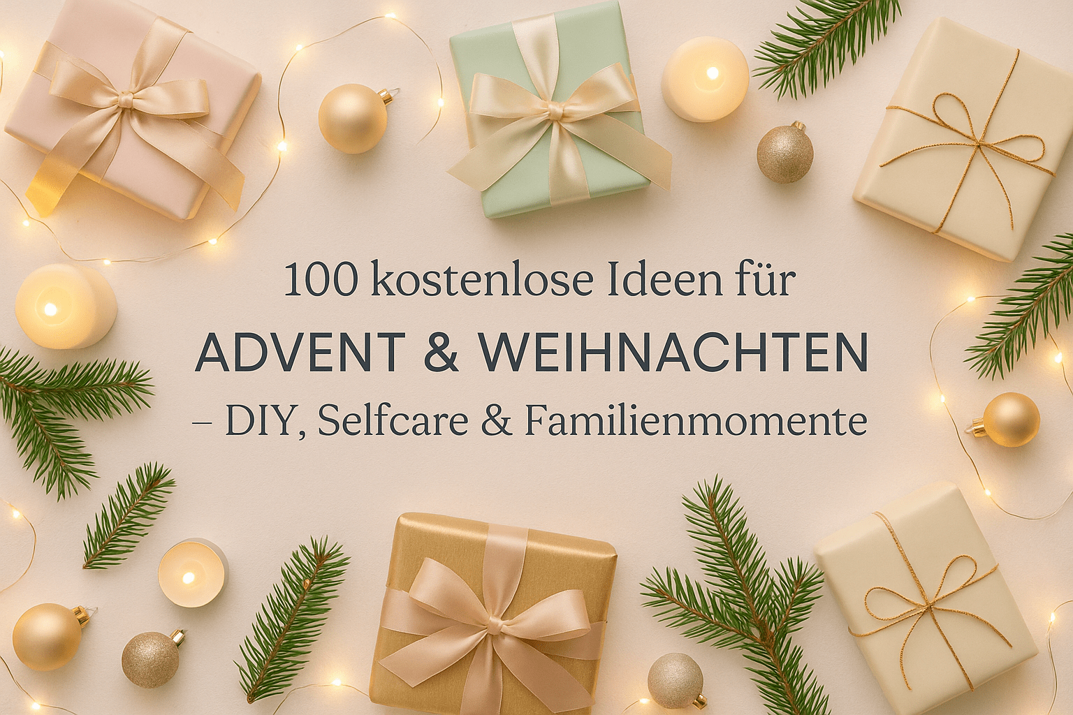 Headerbild mit Geschenken, Kerzen und Tannenzweigen zu Weihnachten mit Text 100 kostenlose Ideen für Advent & Weihnachten