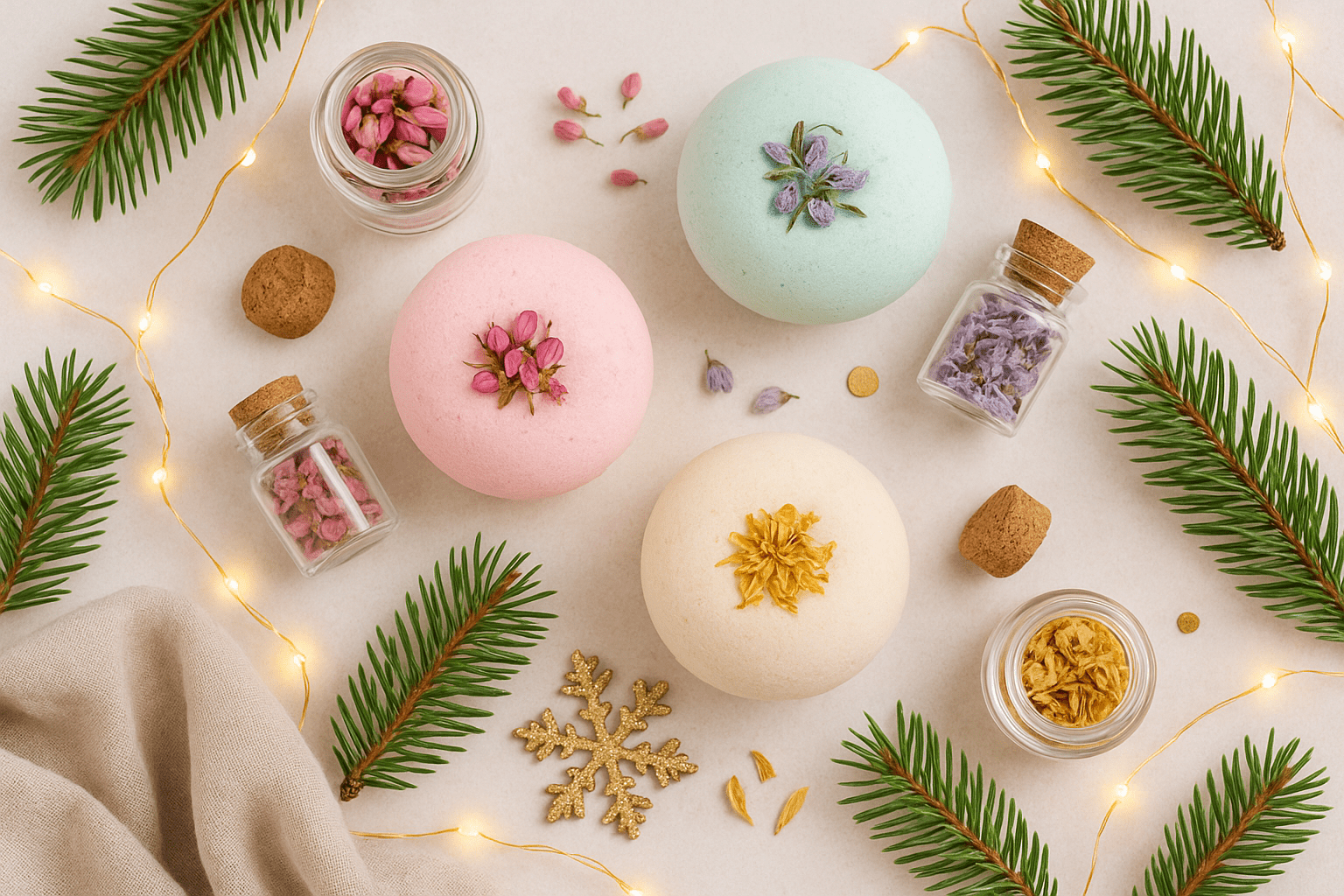 Selbstgemachte Badebomben in Pastellfarben mit Blumen, Gläsern und Tannenzweigen als Weihnachtsdeko.