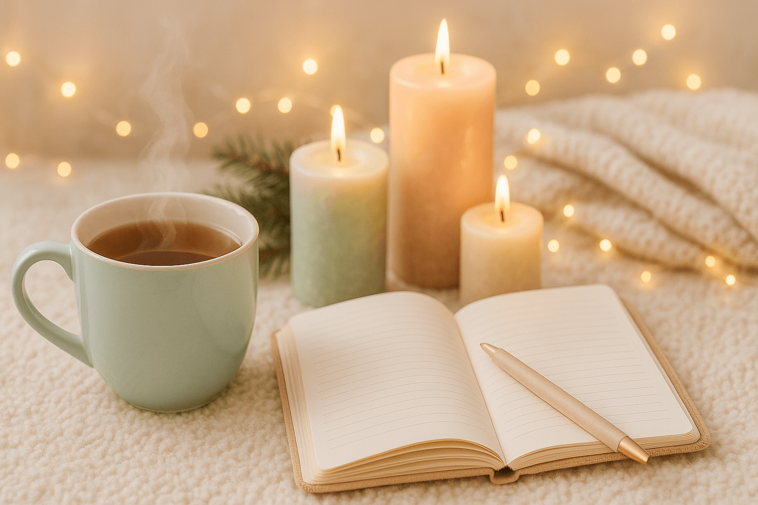 Tasse Tee, Kerzen, Journal und Lichterkette als gemütliche Selfcare-Szene zu Weihnachten