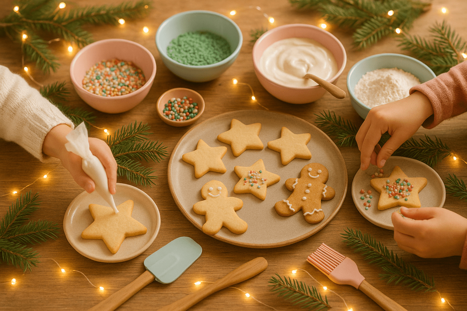 Kinderhände verzieren Weihnachtsplätzchen mit Zuckerguss und Streuseln am festlich gedeckten Tisch.
