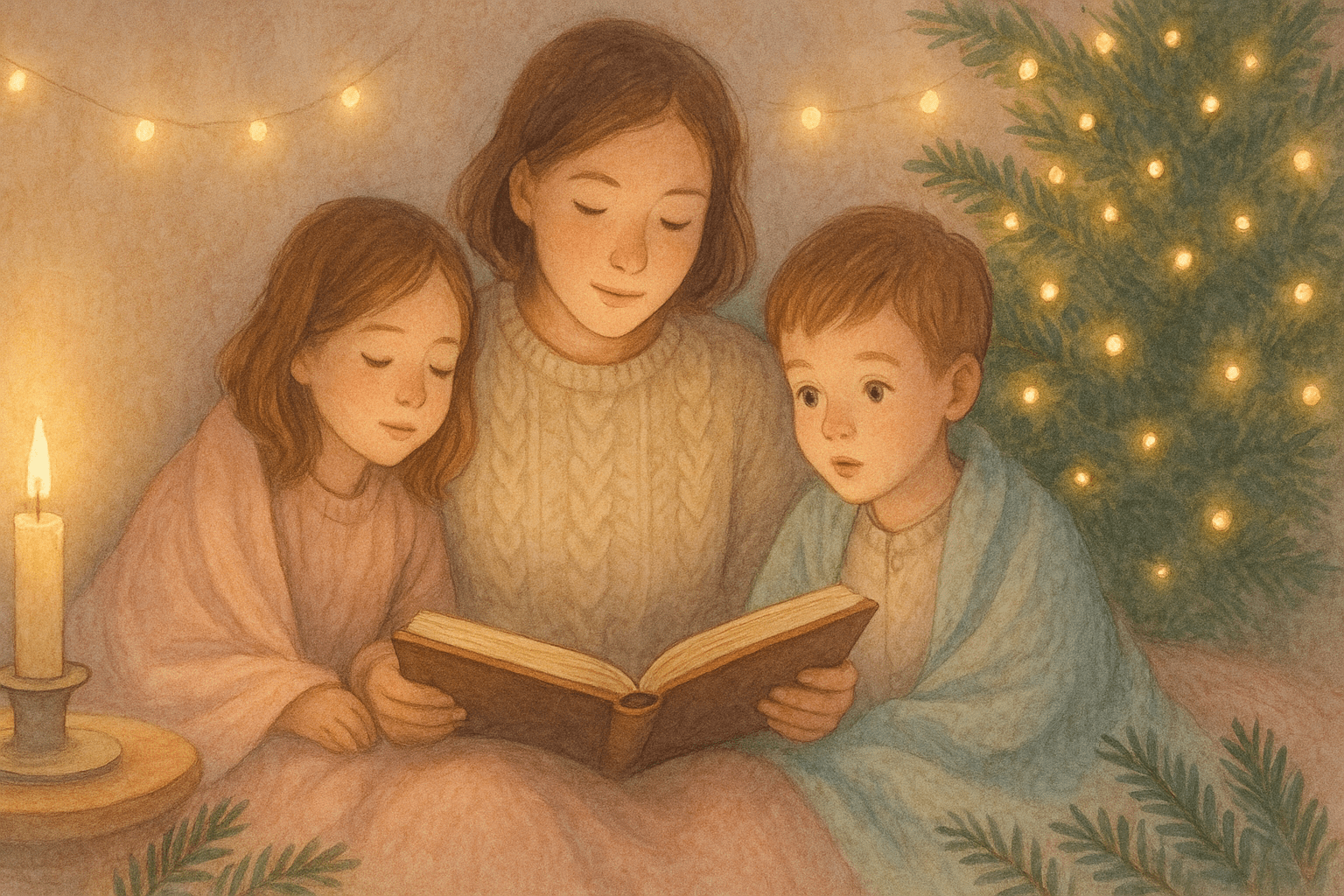 „Eltern lesen Kindern eine Weihnachtsgeschichte vor bei Kerzenlicht und Lichterkette.“