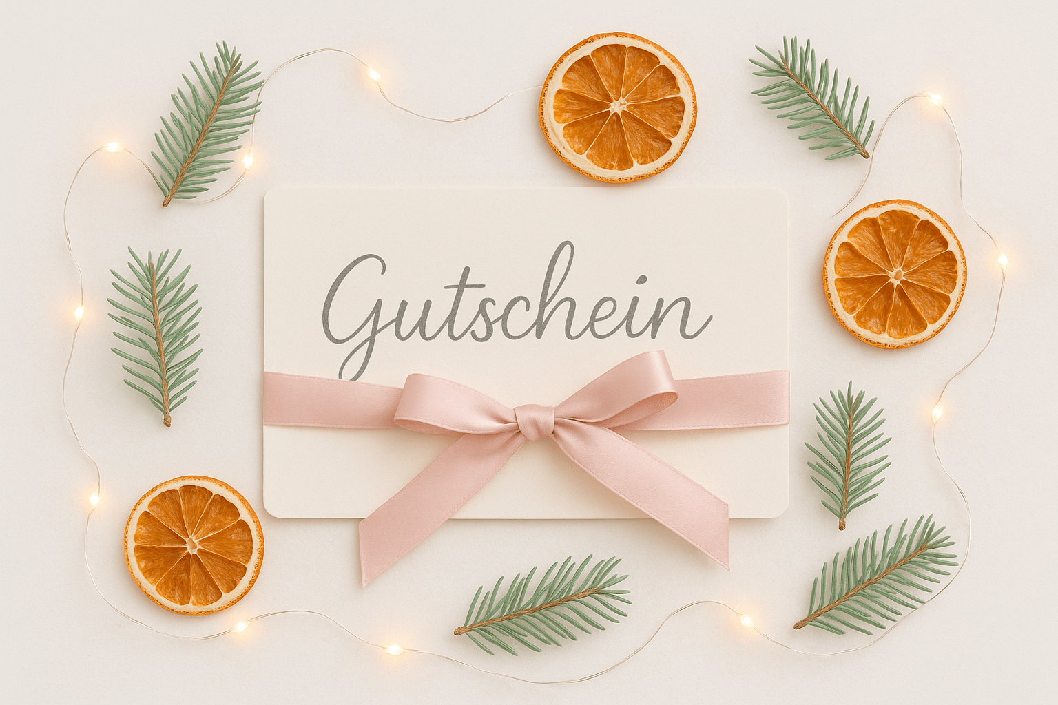 Handgeschriebener DIY-Gutschein mit Schleife, Orangenscheiben und Tannenzweigen als kreative Geschenkidee.