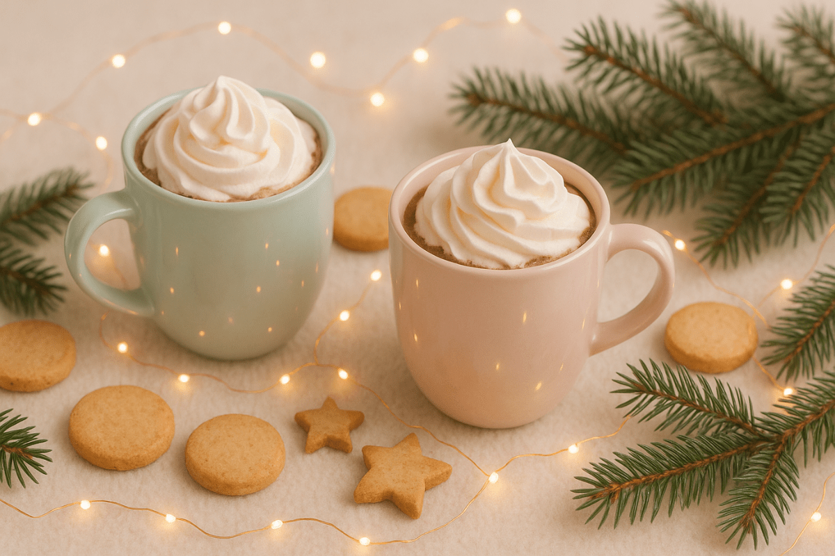 Zwei Tassen heiße Schokolade mit Keksen und Lichterkette