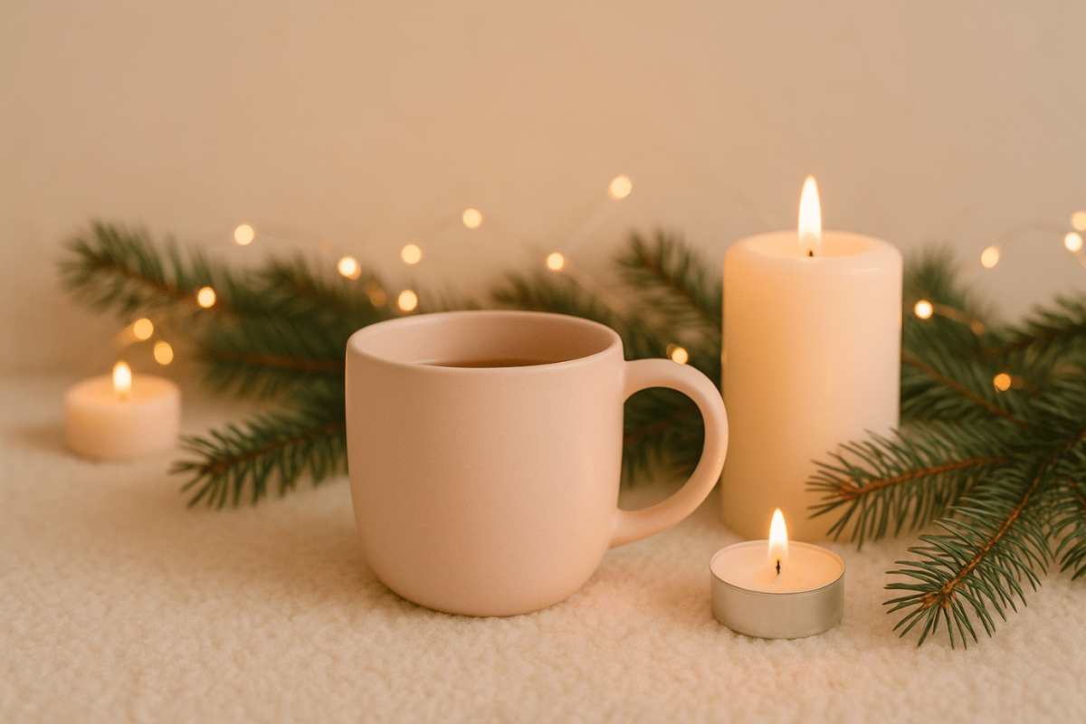 Tasse Tee und Kerzen mit Weihnachtszweigen