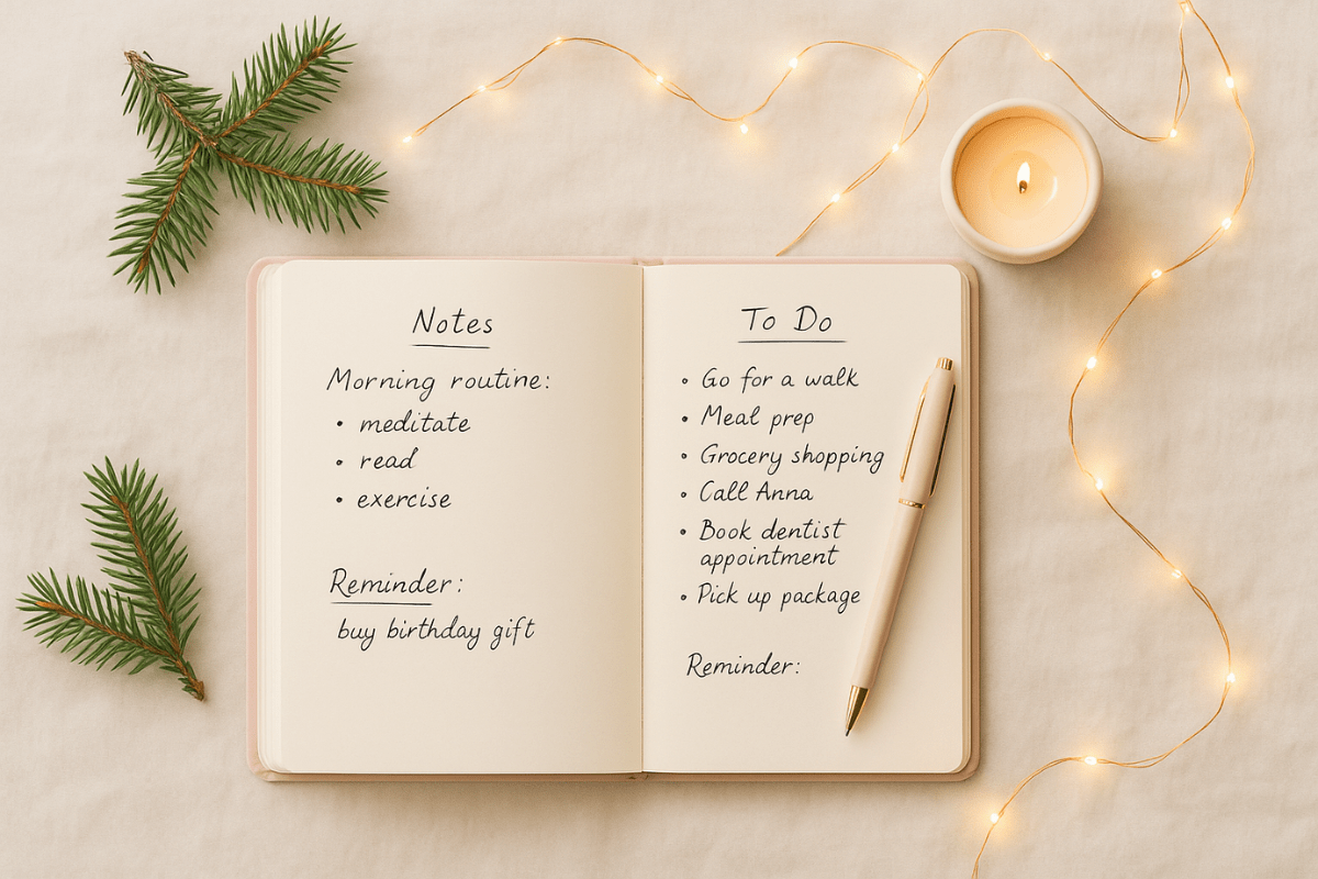 Offenes Journal mit Notizen und Lichterkette
