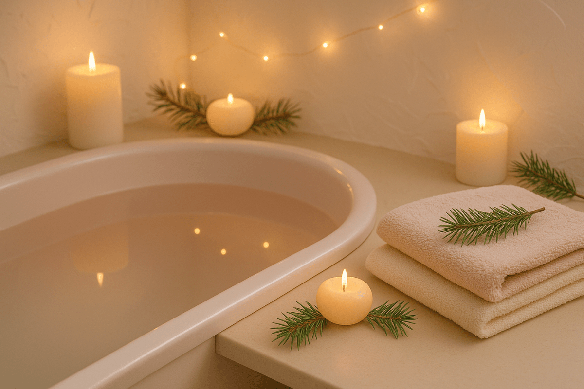 Entspannendes Bad mit Kerzen und Handtüchern