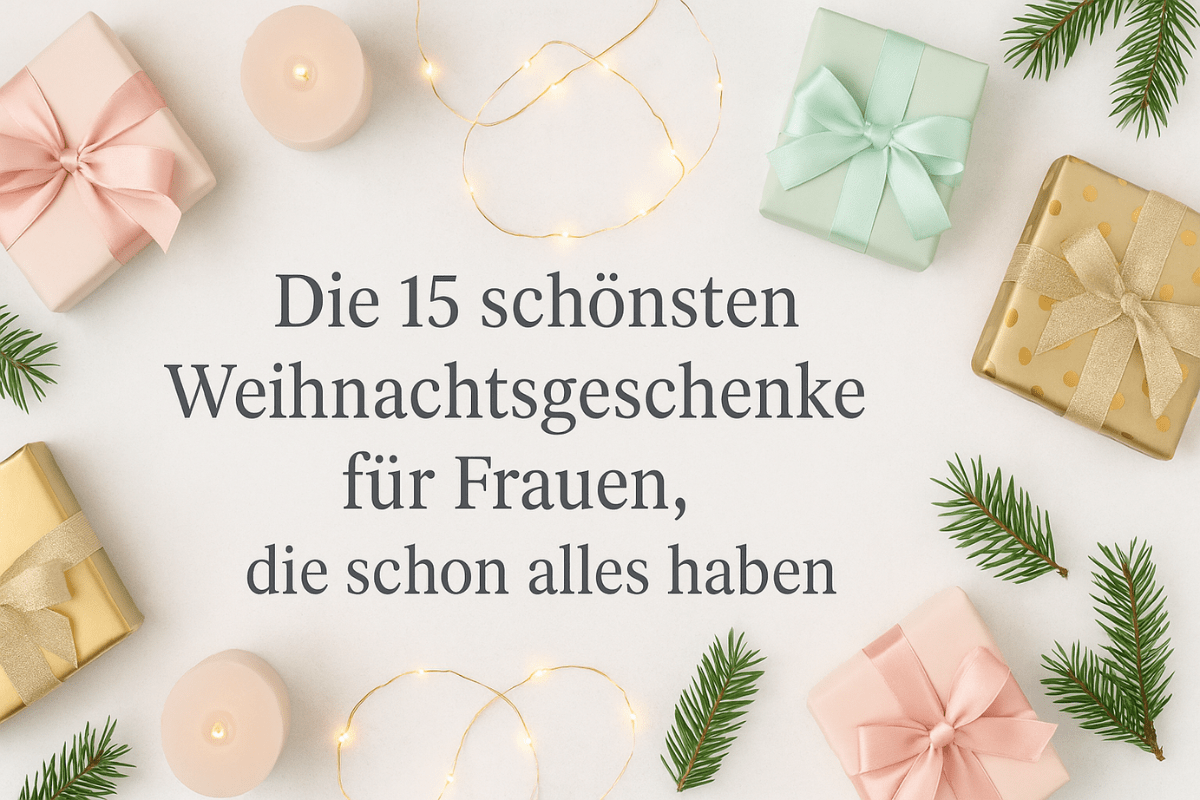 Weihnachtsgeschenke für Frauen mit Geschenken, Kerzen und Tannenzweigen