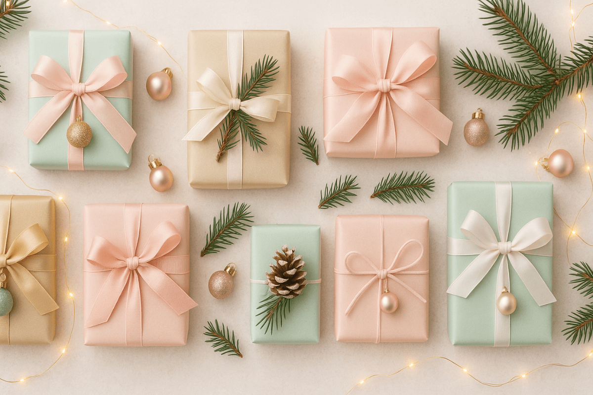 Pastellfarbene Weihnachtsgeschenke im Flatlay