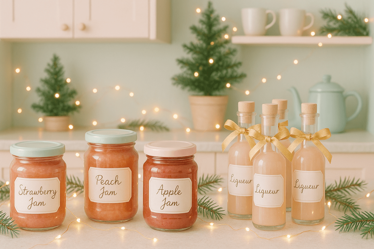 Selbstgemachte Marmelade und Likör mit Etiketten