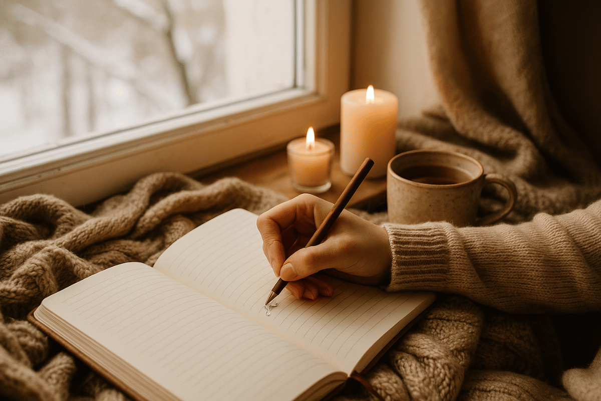 Frau schreibt in ihr Journal am Fenster bei winterlichem Licht. Neben ihr stehen Kerzen und eine Tasse Tee. Das Bild vermittelt Ruhe, Selfcare und bewusste Reflexion am Jahresende.