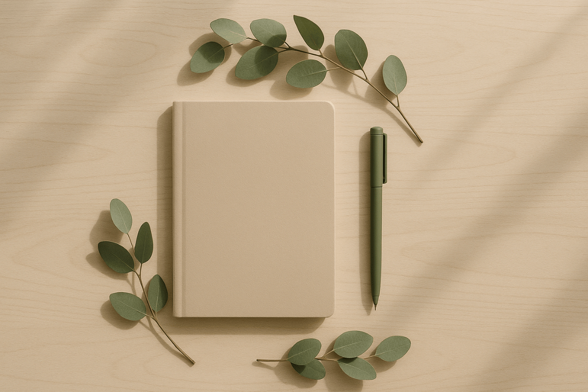 Flatlay mit Notizbuch, Stift und Eukalyptuszweigen auf hellem Holztisch. Sanfte Beige- und Grüntöne schaffen eine minimalistische, natürliche Stimmung – perfekt für Achtsamkeit und Journaling.