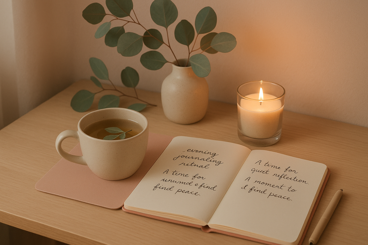 Kerze, Tasse Kräutertee und Notizbuch auf einem natürlichen Holztisch in warmem Licht. Sanfte Pastellfarben, Eukalyptuszweige und ruhige Atmosphäre für Journaling-Rituale und Selfcare.