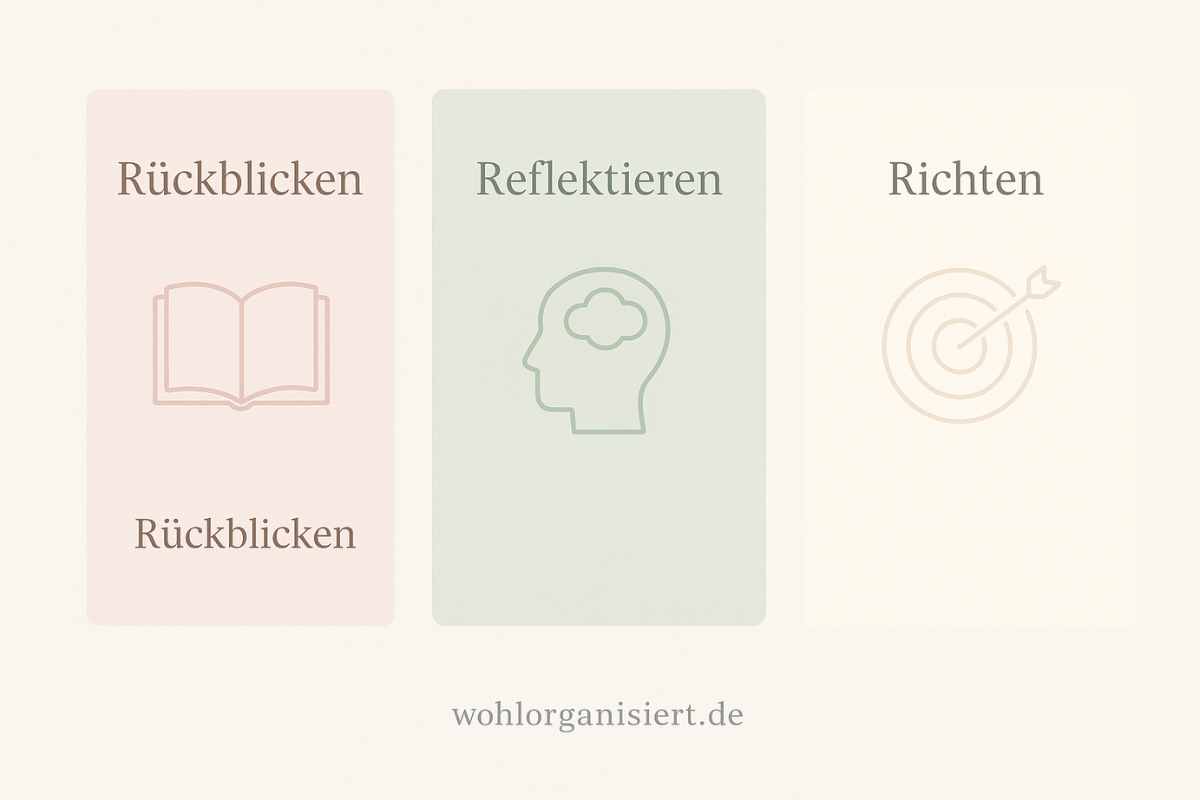 Pastellfarben Infografik mit den drei Spalten „Rückblicken“, „Reflektieren“ und „Richten“. Zeigt Rituale zum Loslassen und Neubeginn zum Jahreswechsel.