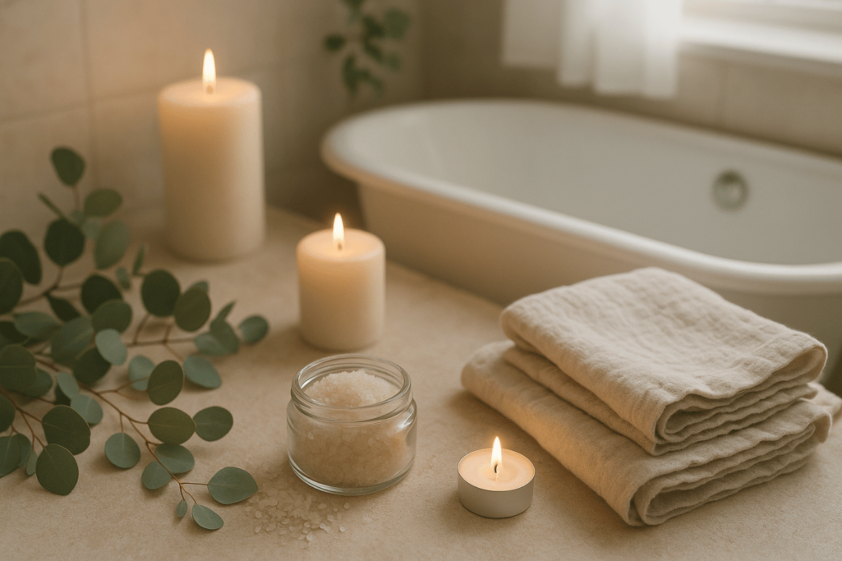 Ruhige Badezimmer-Szene mit Pastellhandtüchern, Eukalyptus und Kerzen – Symbol für Selfcare-Rituale zum Jahresanfang in sanften, natürlichen Tönen.