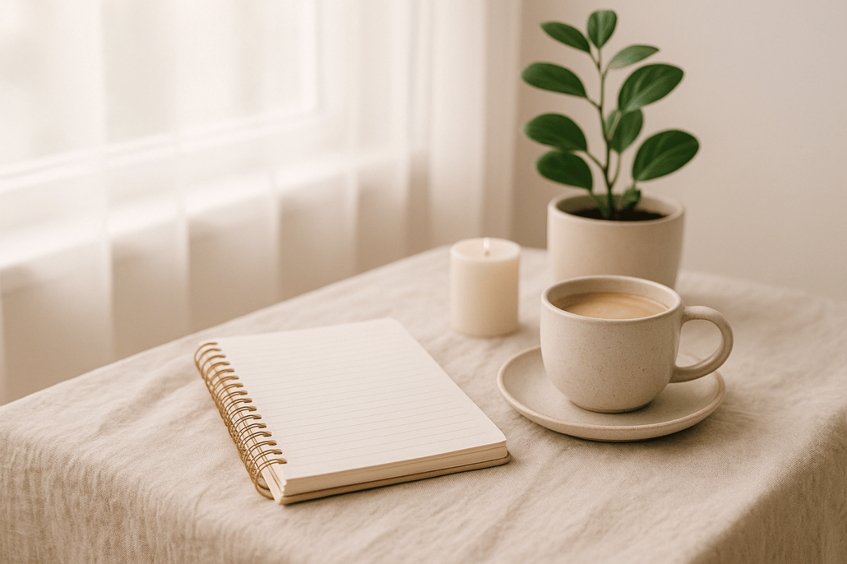 Helles, ruhiges Deko-Foto: Notizbuch, Tasse Kaffee und Kerze auf Leinentisch mit Pflanzen und sanftem Tageslicht. Pastelltöne in Beige und Blush, vermittelt Ruhe und Fokus beim Planen.Helles, ruhiges Deko-Foto: Notizbuch, Tasse Kaffee und Kerze auf Leinentisch mit Pflanzen und sanftem Tageslicht. Pastelltöne in Beige und Blush, vermittelt Ruhe und Fokus beim Planen.