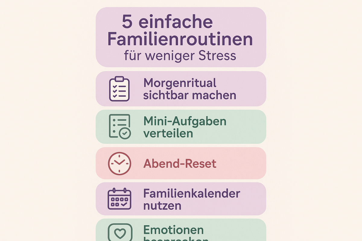 Infografik mit fünf einfachen Familienroutinen für einen stressfreieren Alltag, gestaltet in zarten Pastellfarben.