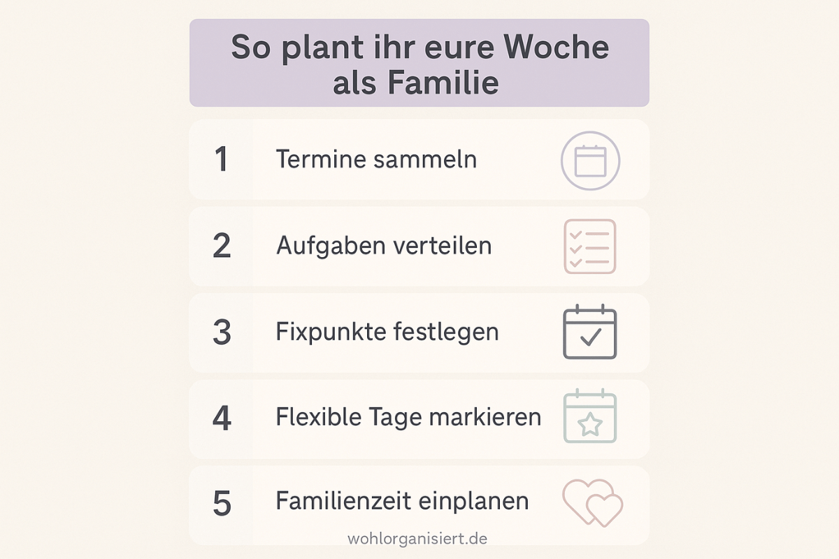 Infografik mit fünf Schritten für eine klare Familienwochenplanung, in pastelligen Tönen gestaltet.