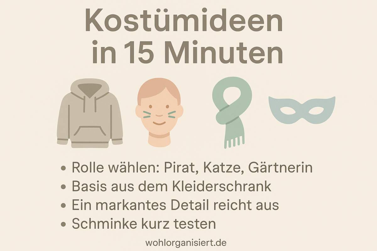 Pastellige Infografik „Kostümideen in 15 Minuten“ mit vier einfachen Icons und kurzen Tipps, unten „wohlorganisiert.de“.