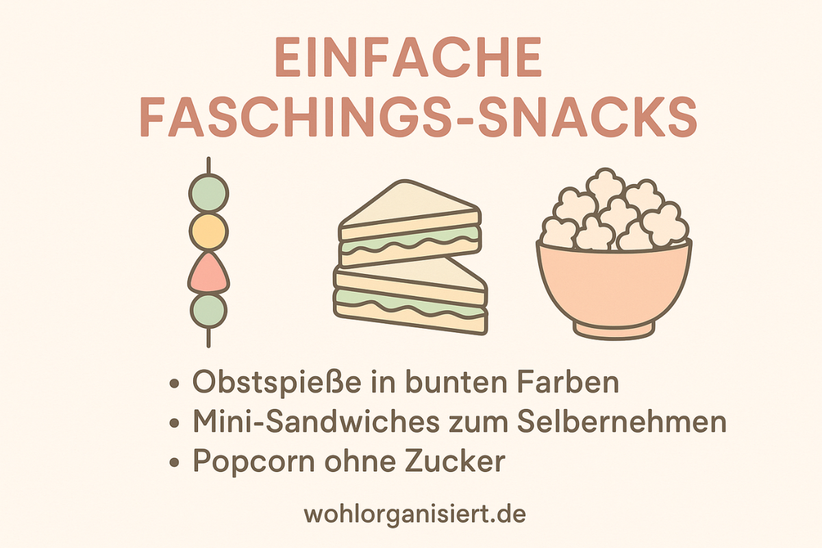 Infografik „Einfache Faschings-Snacks“ mit Illustrationen von Obstspießen, Mini-Sandwiches und Popcorn in pastelligen Farben, unten „wohlorganisiert.de“.