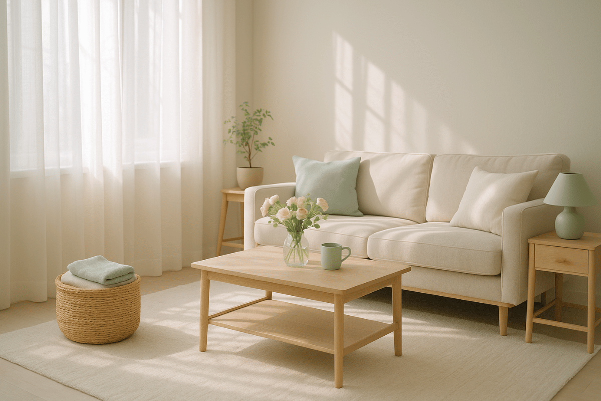 Aufgeräumtes, helles Wohnzimmer mit Tulpen und Korb voller frischer Handtücher in zarten Pastelltönen.