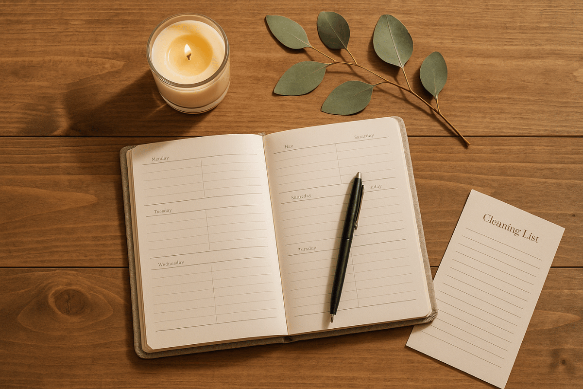 Offener Wochenplan mit Stift, Kerze und Eukalyptus auf hellem Holztisch, ruhig und motivierend gestaltet.