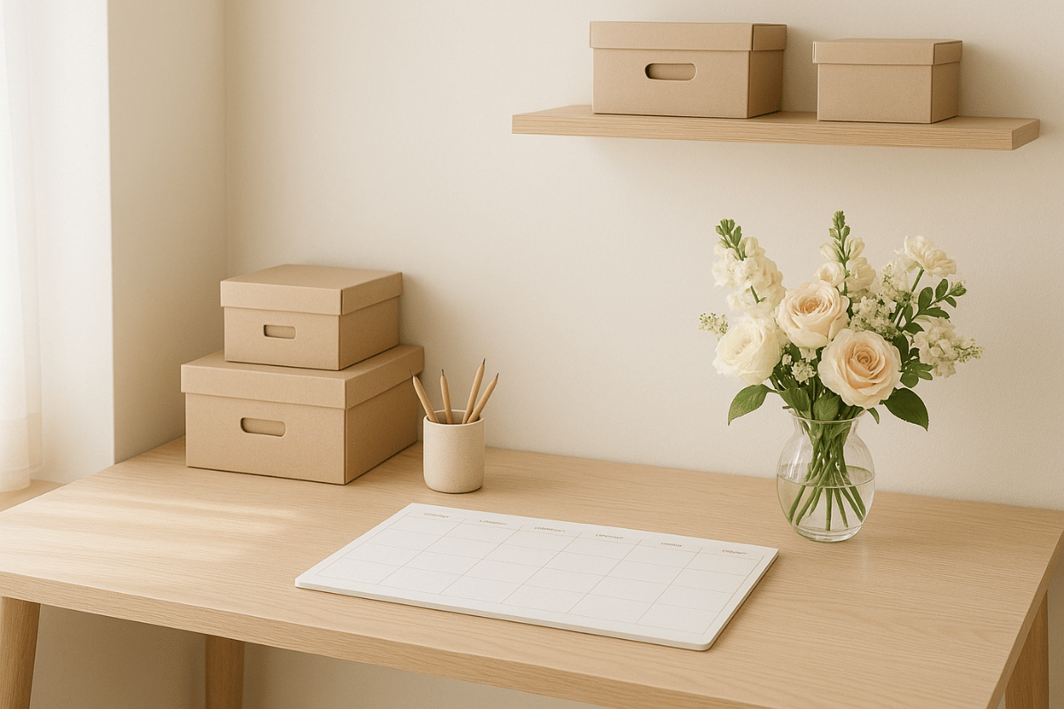 Heller, ordentlicher Arbeitsplatz mit Blumen, Planer und Aufbewahrungsboxen in freundlichen Pastellfarben.