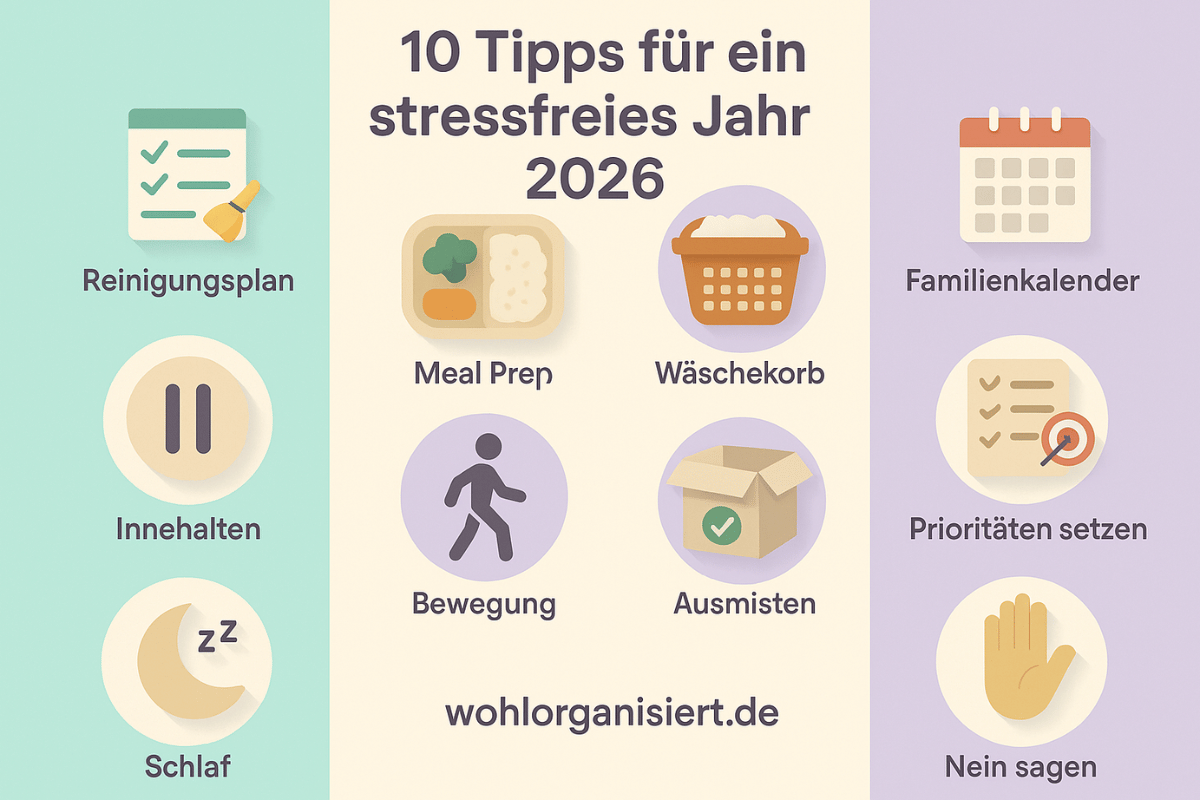 Pastellfarbene Infografik mit zehn Symbolen zu Haushaltsorganisation, Putzplan und Familienroutine.