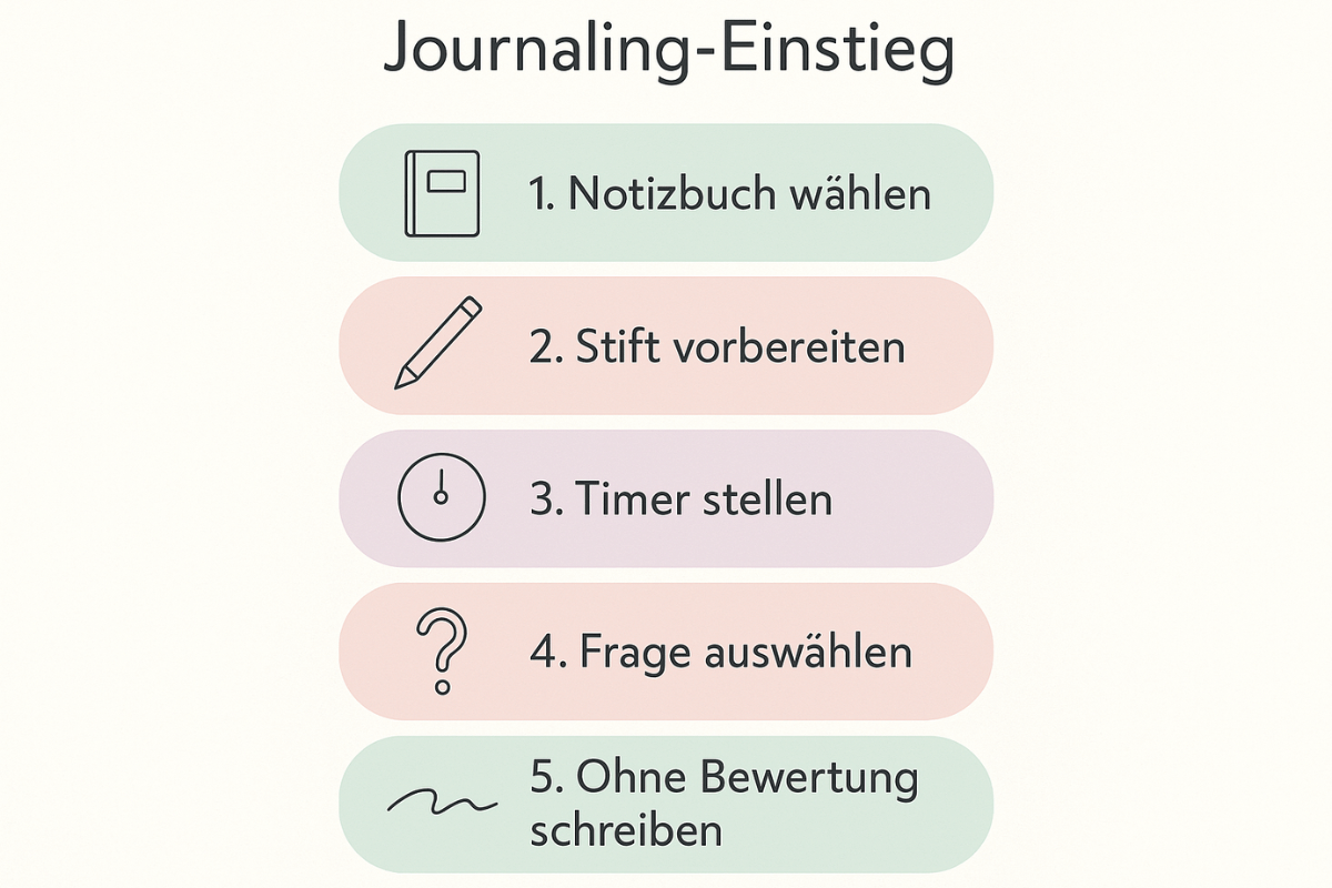 Infografik in sanften Pastellfarben mit fünf einfachen Schritten für einen 10-Minuten-Journaling-Einstieg. Minimalistisch gestaltet im Wohlorganisiert-Stil.“