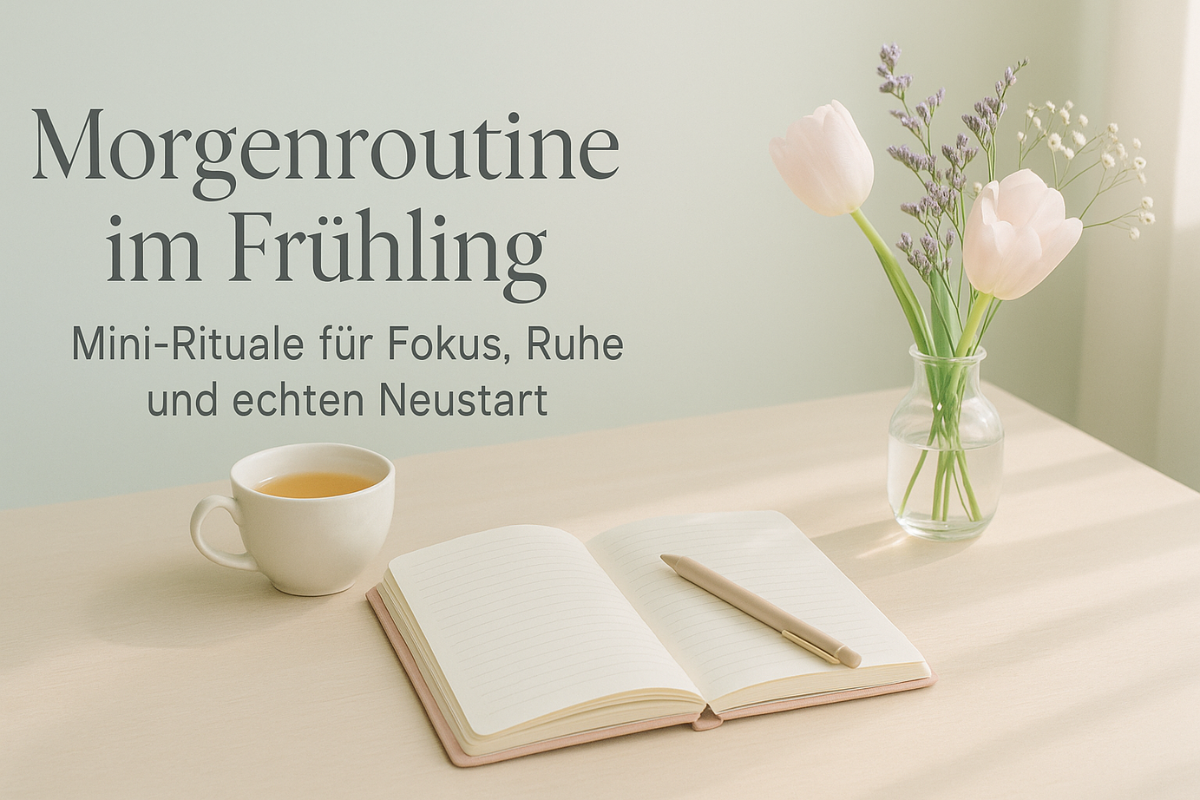 Morgenroutine im Frühling: Morgenlicht, Tee, Journal und Blumen auf dem Tisch
