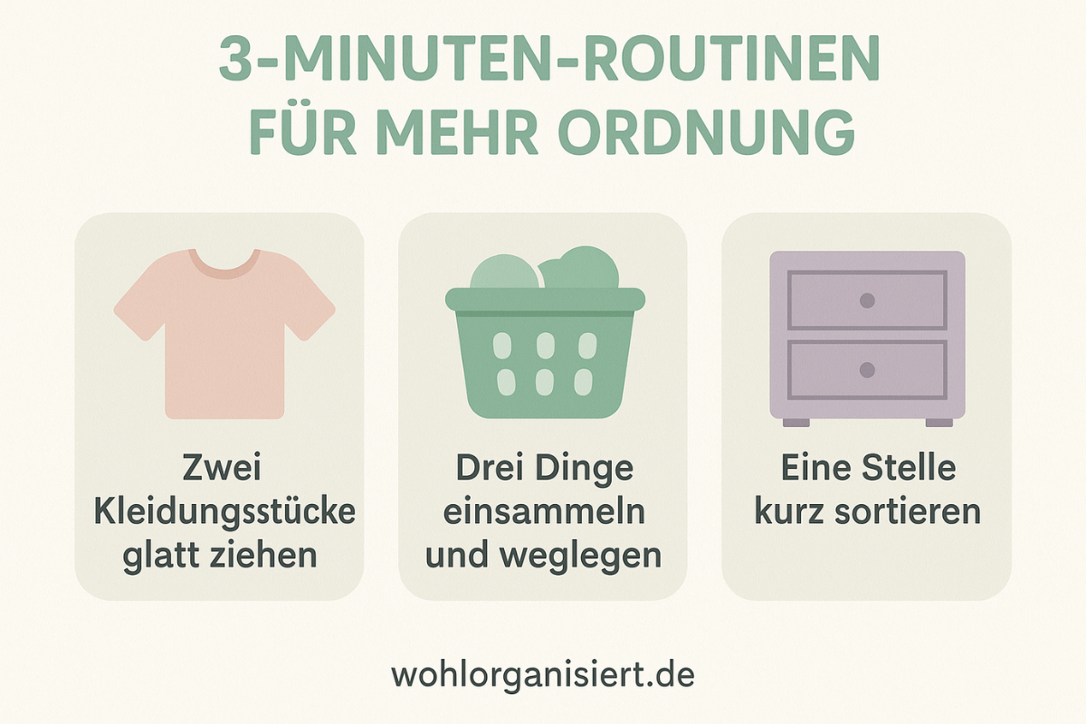 Infografik mit drei Mini-Ordnungsroutinen: Kleidung glatt ziehen, drei Dinge einsammeln, kleine Stelle sortieren. Pastellfarben, ruhiges Design.