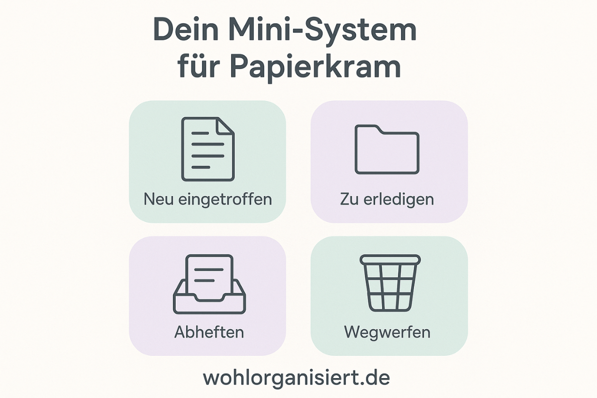 Infografik zum einfachen Papierkram-System mit vier Kategorien: neu, zu erledigen, abheften, wegwerfen. Minimalistisch und pastellig gestaltet.