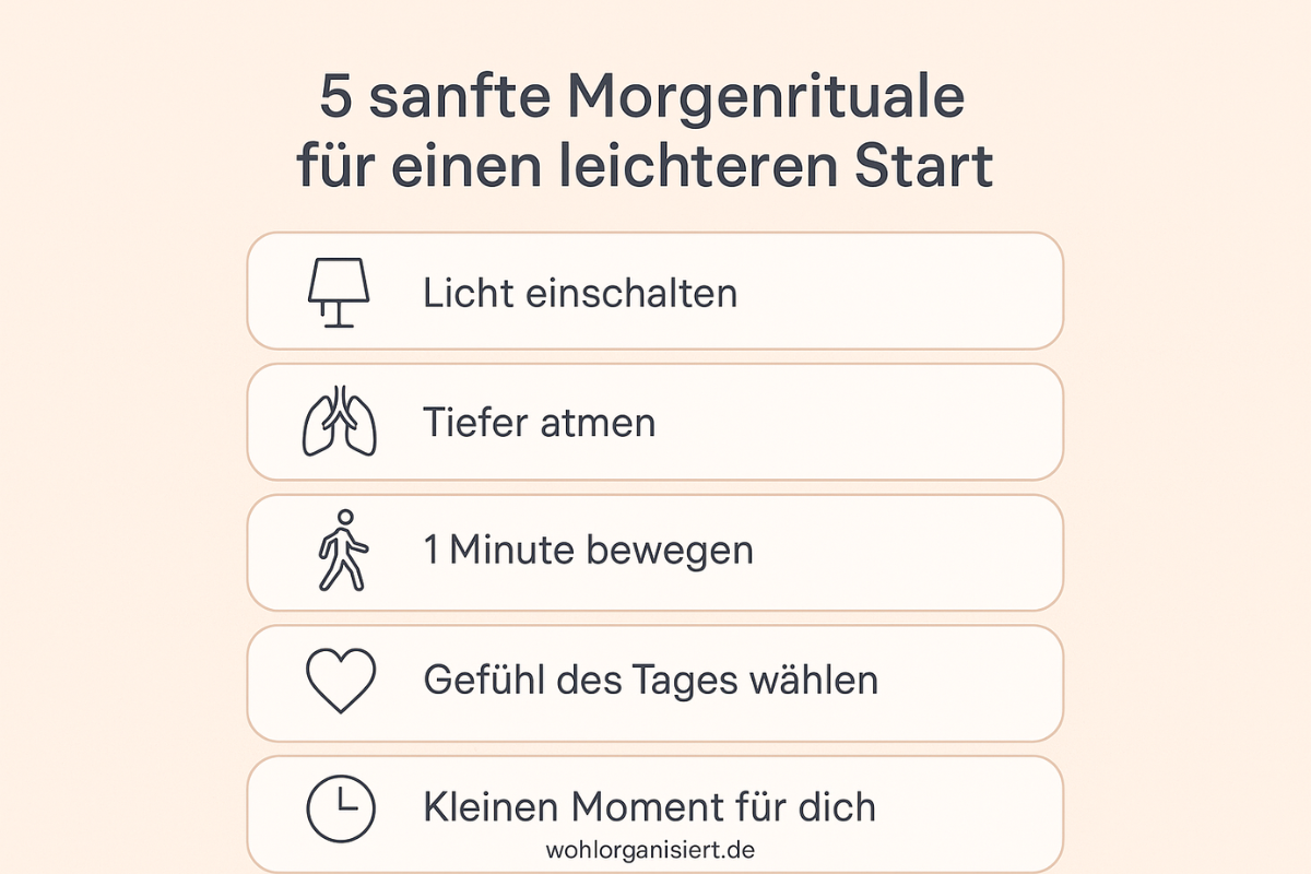 Infografik mit fünf sanften Morgenritualen für einen leichteren Start, gestaltet in hellen Pastellfarben, mit Icons und Tipps für Selfcare.“