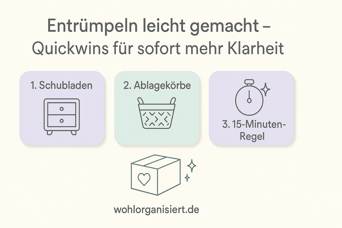 Minimalistische Infografik in sanften Pastelltönen mit Tipps zum Entrümpeln: kleine Quickwins, Timer-Methode, Spendenbox und sichtbare Erfolge. Ruhiges, übersichtliches Design im Wohlorganisiert-Look.